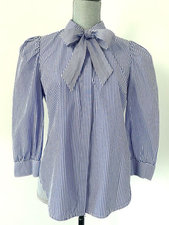 J. Crew Tops - J. Crew x Thomas Mason Blue/White Striped Bow-Tie Blouse Sz 8 Puff Sleeve Preppy